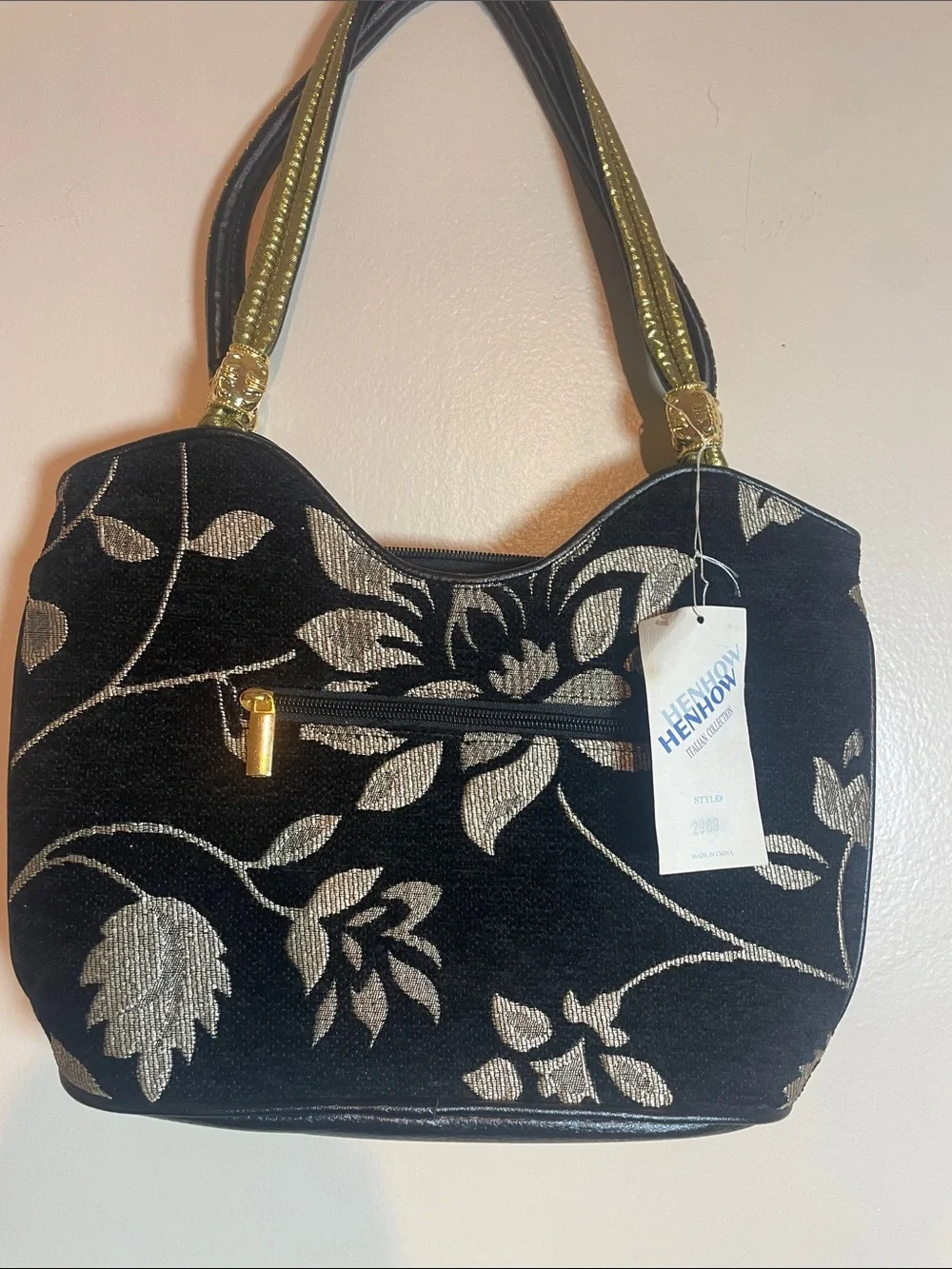 Black Velvet Floral Shoulder Bag with Gold Accents